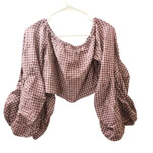 Guest Editor Adalie Gingham Off Shoulder Puff Sleeve Cropped Blouse Size M